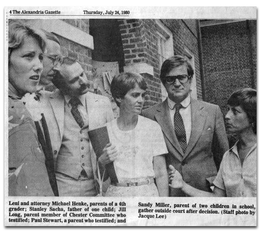 Photograph of a newspaper article regarding the closing of Wilton Woods Elementary School. A group of parents are seen gathered in front of the courthouse. The caption reads: Leni and attorney Michael Henke, parents of a 4th grader; Stanley Sacha, father of one child; Jill Long, parent member of Chester Committee who testified; Paul Stewart, a parent who testified; and Sandy Miller, parent of two children in school, gather outside court after decision.