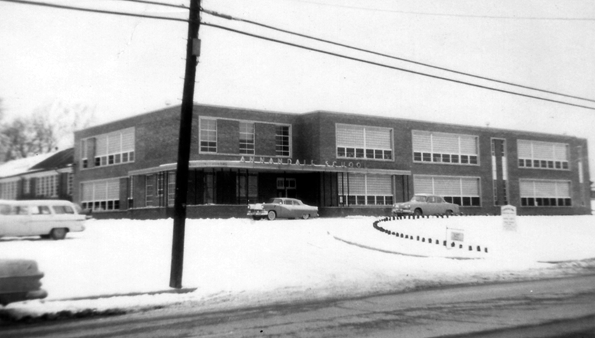 Black and white photograph of the front exterior of Annandale Elementary School.
