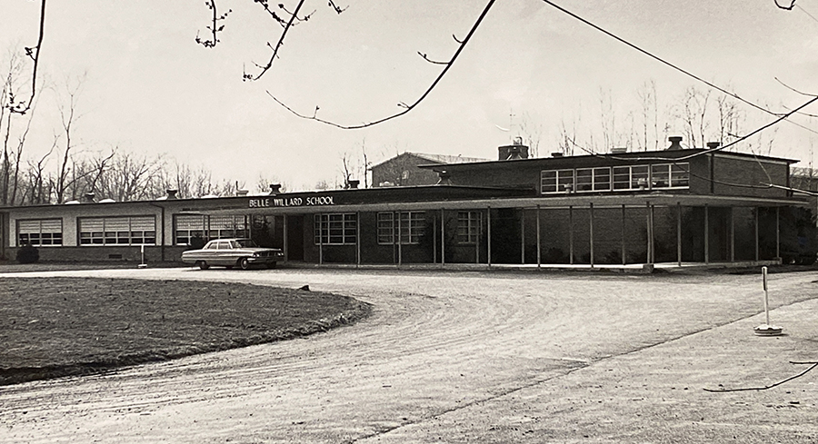 Photograph of the front exterior of Belle Willard Elementary School that was taken in the late 1960s.