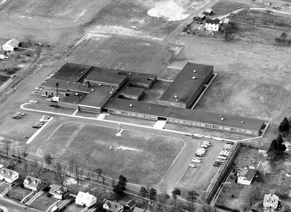 Black and white aerial photograph of William C. Bryant Intermediate School.