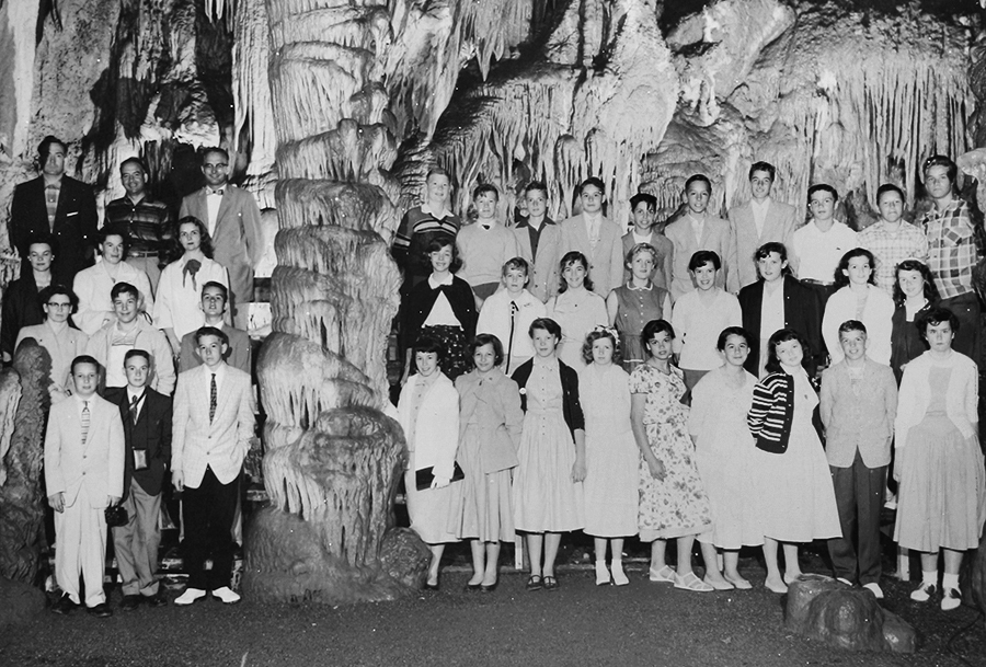 A photograph of students in the caverns at Luray, Virginia.
