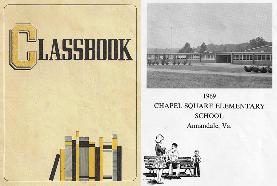 Composite image showing photographs of the cover and an inside page from Chapel Square Elementary School’s 1969 Classbook. A picture of the school is shown on the inside page.