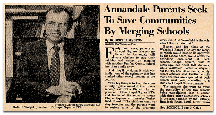 Photograph of a newspaper clipping. The headline reads: Annandale Parents Seek To Save Communities By Merging Schools. There is a photograph of Dale R. Weigel, president of the Chapel Square PTA.