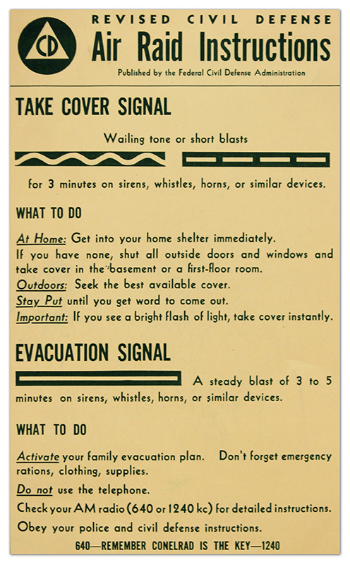 Photograph of a paper with instructions on what to do in the event of a nuclear attack. 
