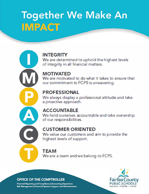 Comptroller IMPACT Poster - Integrity, Motivated, Professional, Accountable, Customer Oriented, Team