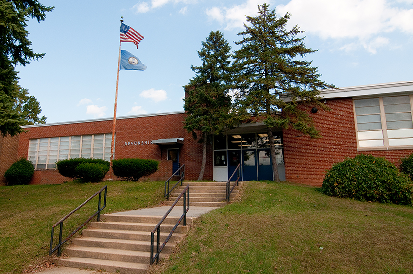Photograph of Devonshire Elementary School after it had been converted to an administrative center.