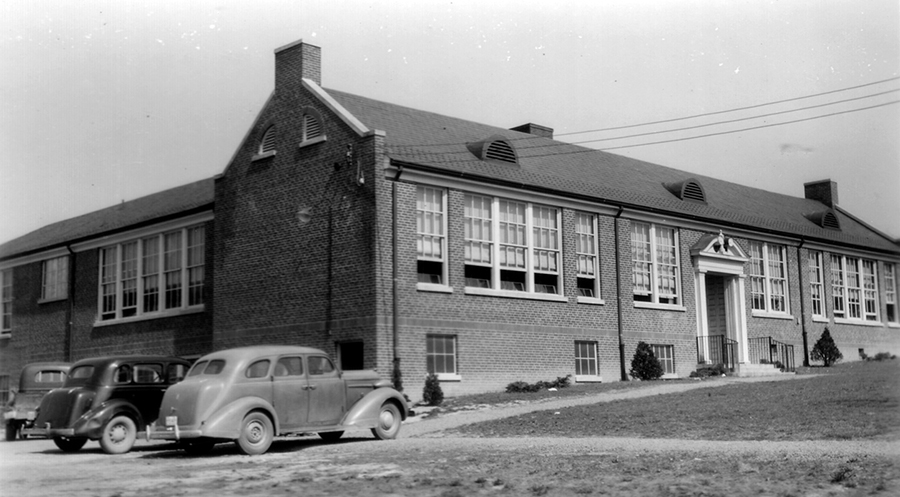 Photograph of the front exterior of Dunn Loring Elementary School taken in 1942.