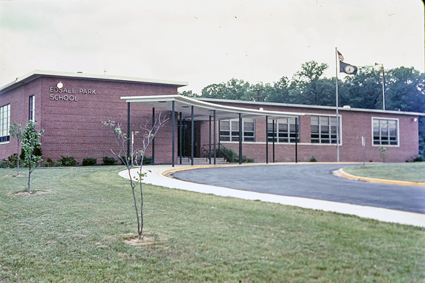 Photograph of the exterior of Edsall Park Elementary School on the side of the building closest to Edsall Road.