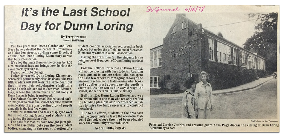 Photograph of a newspaper article about the last day of school at Dunn Loring Elementary the year the building closed. The article is titled 