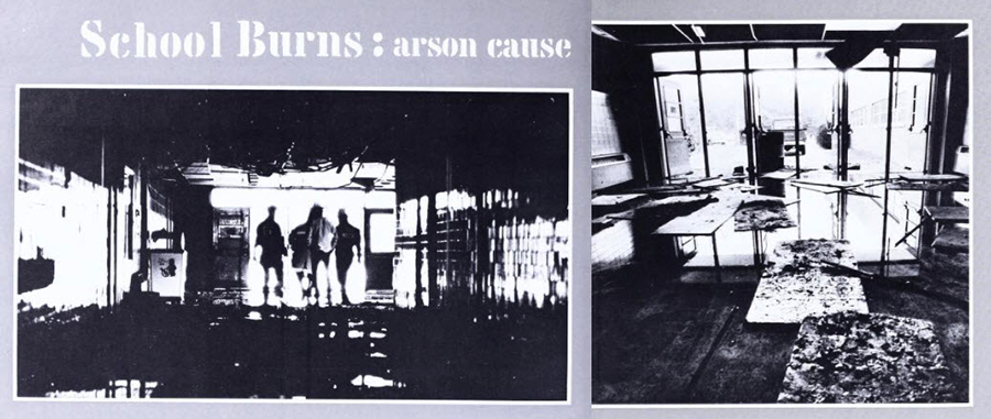 A yearbook photograph showing fire damage to the school.