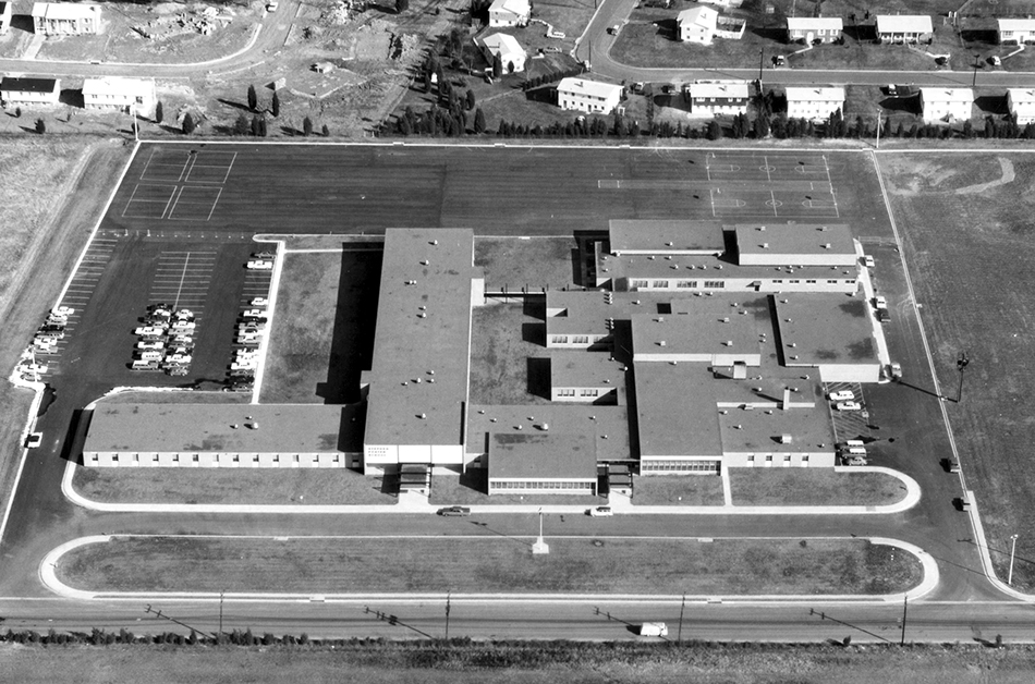 Black and white aerial photograph of Stephen C. Foster Intermediate School.