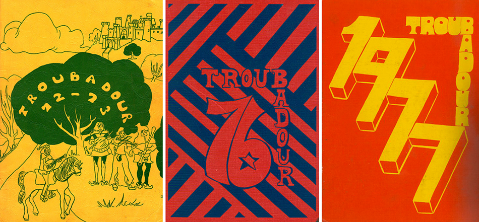 Composite image showing the covers of three Foster Intermediate School yearbooks.