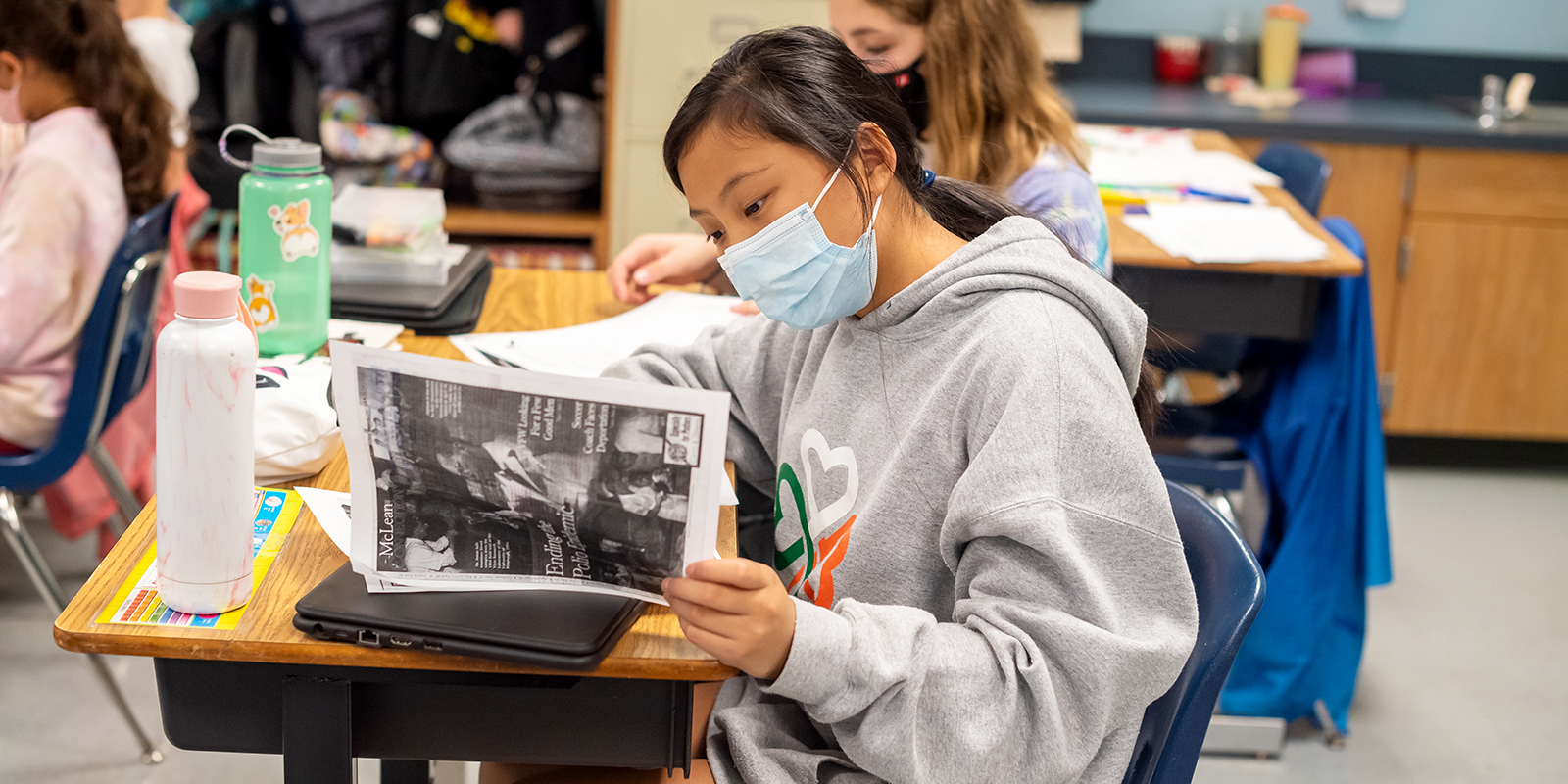 A Franklin Sherman elementary sixth-grade student researches the school's role in polio vaccine field trials in 1954.