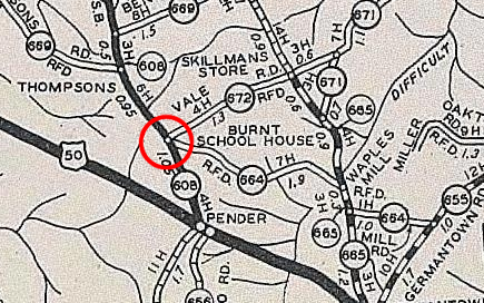 Map showing the location of the Burnt School House. The location is highlighted with a red circle.