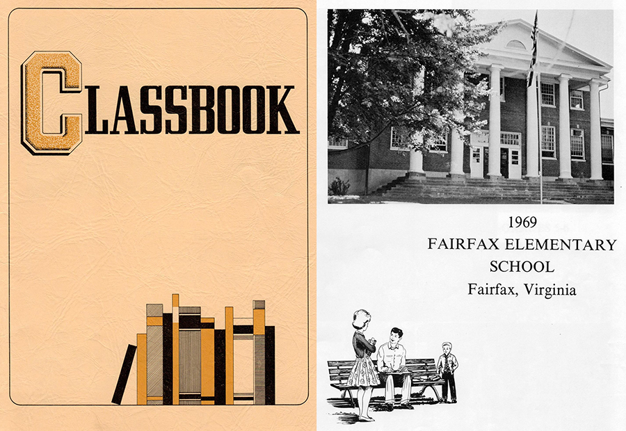 Photograph of the cover and inside front page of Fairfax Elementary School’s 1969 Classbook.