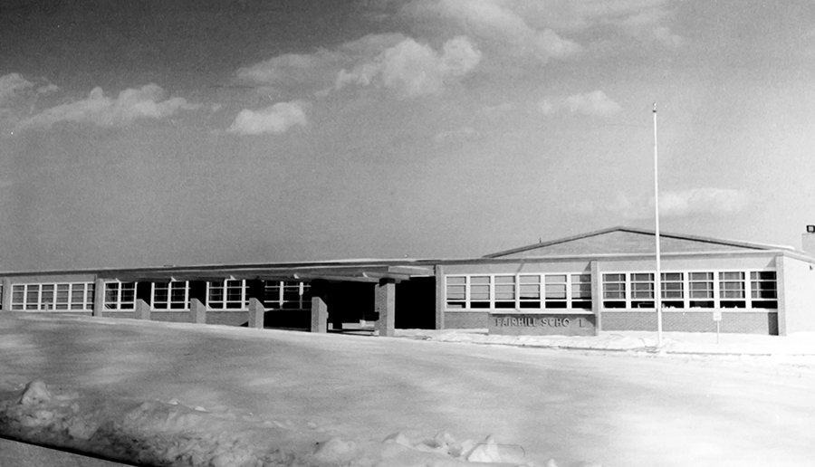 Photograph of the front exterior of Fairhill Elementary School that was taken in the late 1960s.