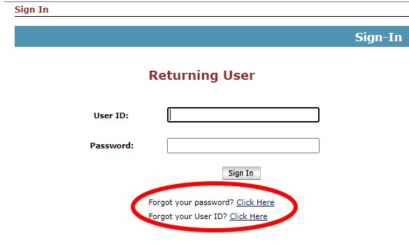 screenshot of forgot user ID and forgot password links circled in red underneath the returning user information