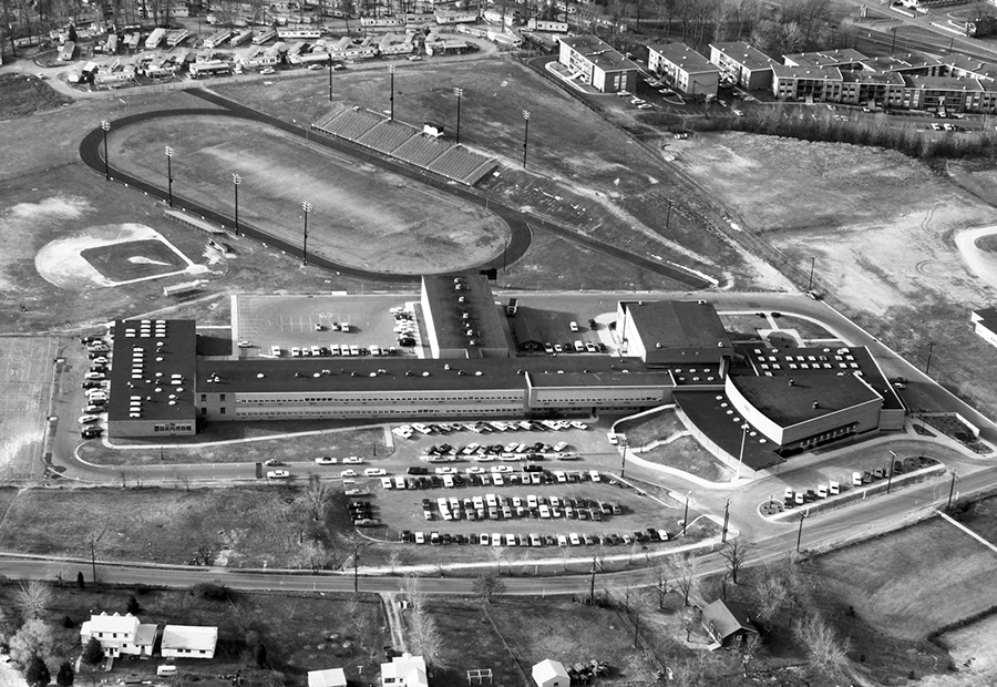 Black and white aerial photograph of Groveton High School.