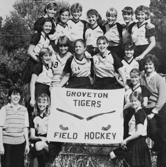 Yearbook photograph of the varsity field hockey team.