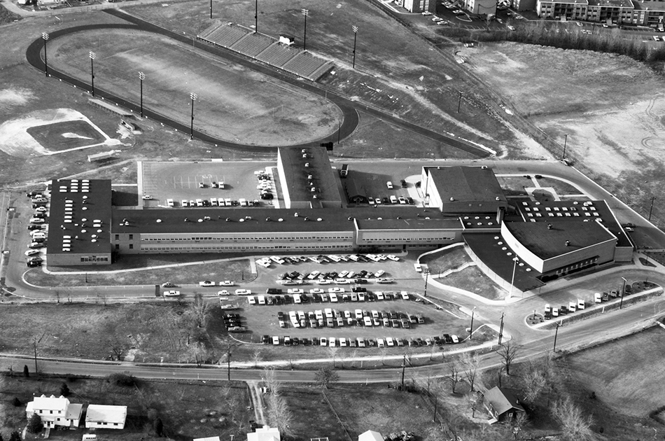 Black and white aerial photograph of Groveton High School.