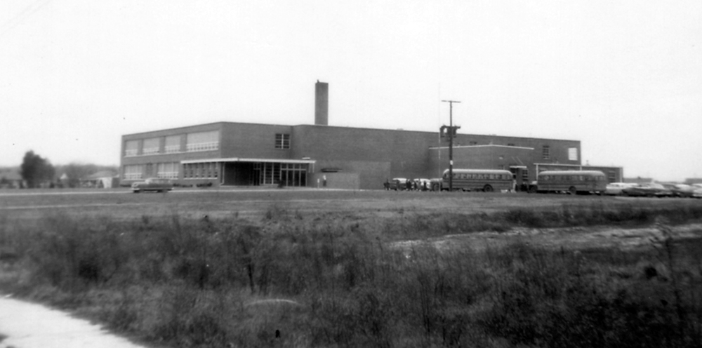 Black and white photograph of the front exterior of Hollin Hall Elementary School