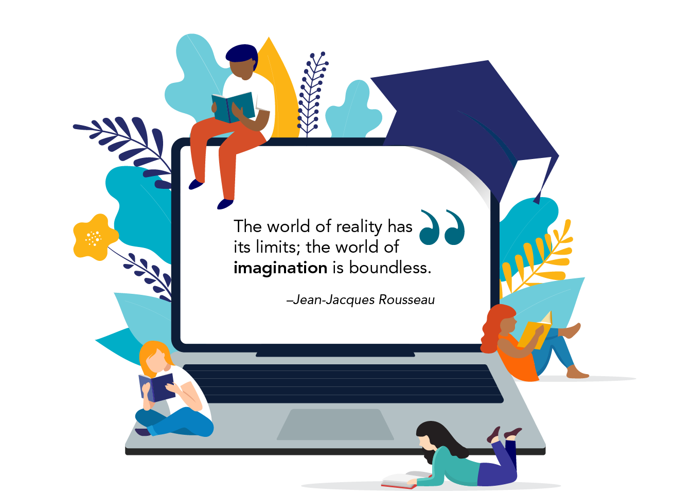 Graphic for wellness Wednesday showing a quote: The world of reality has its limits; the world of imagination is boundless. –Jean-Jacques Rousseau