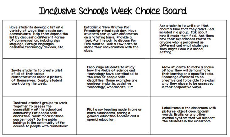 Activity board with various activities to engage students during Inclusive Schools Week