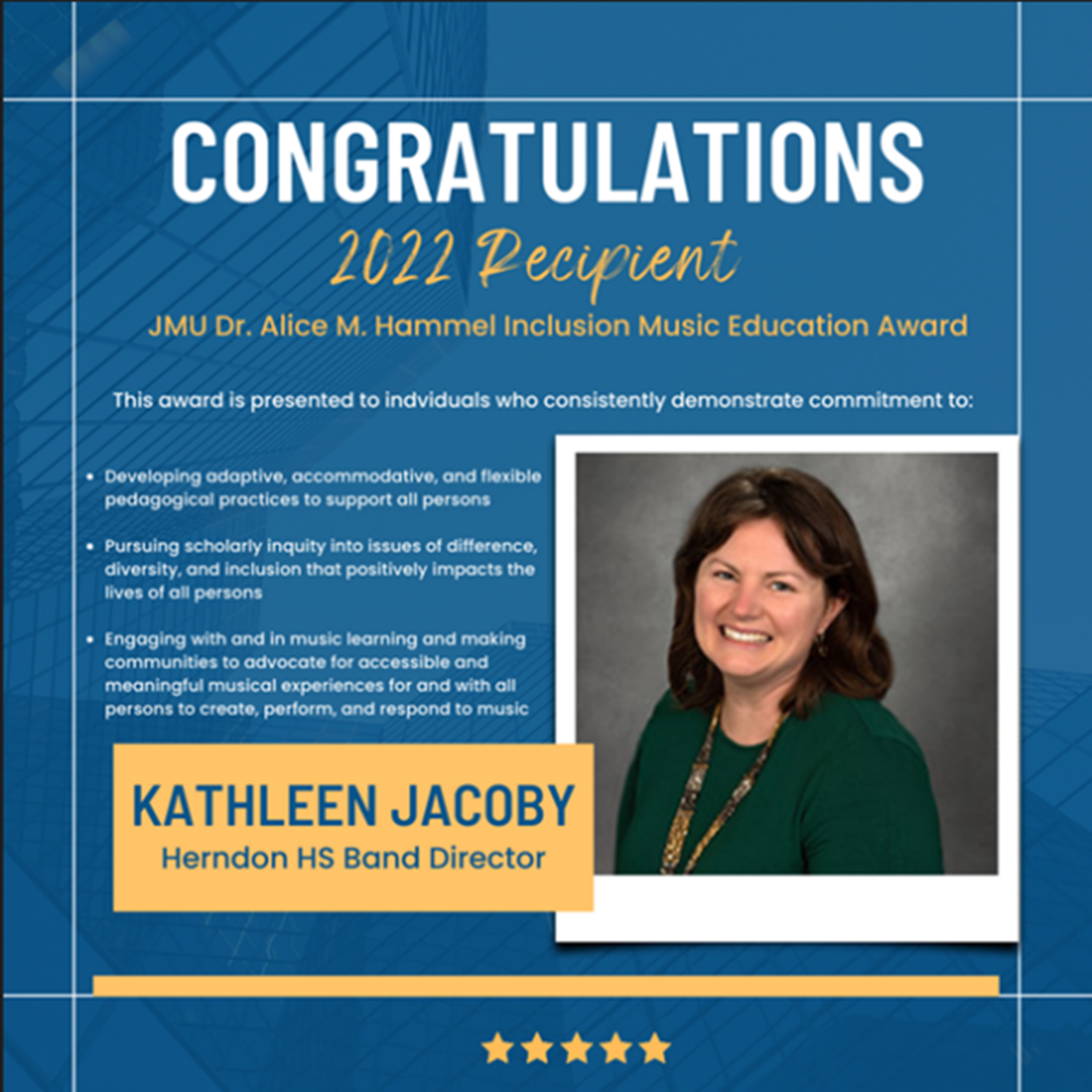 Congratulations 2022 Recipient JMU Dr. Alice M. Hammel Inclusion Music Education Award, Kathleen Jacoby