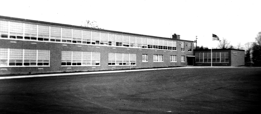 Black and white photograph of the front exterior of Jermantown Elementary School.