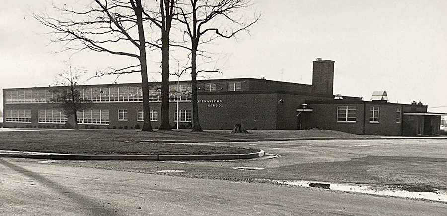 Black and white photograph of the front exterior of Jermantown Elementary School.