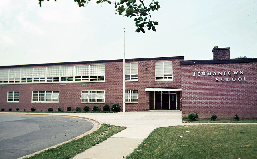 Color photograph of the front exterior of Jermantown Elementary School.