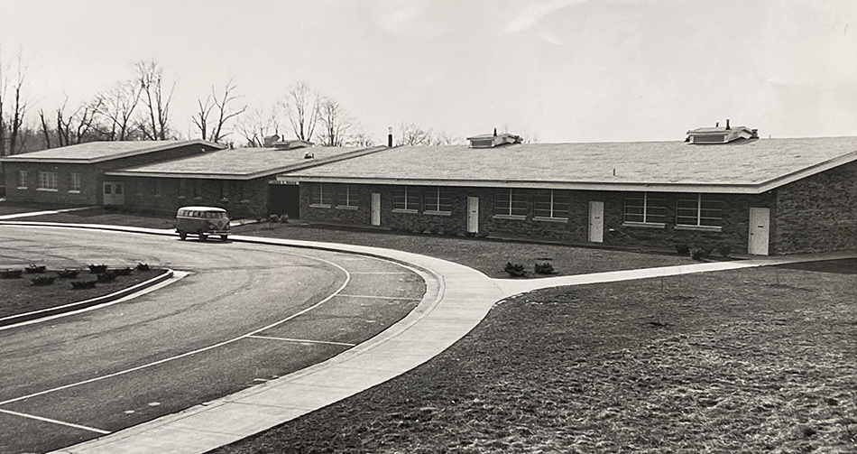 Black and white photograph of John C. Wood Elementary School.
