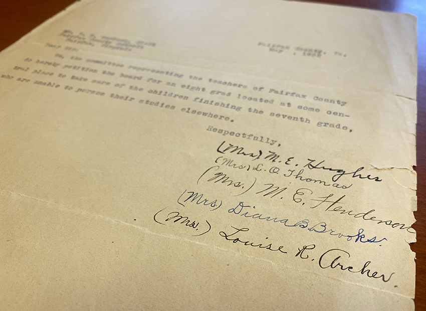 Photograph of a petition to the School Board requesting eighth grade coursework for African-American children.