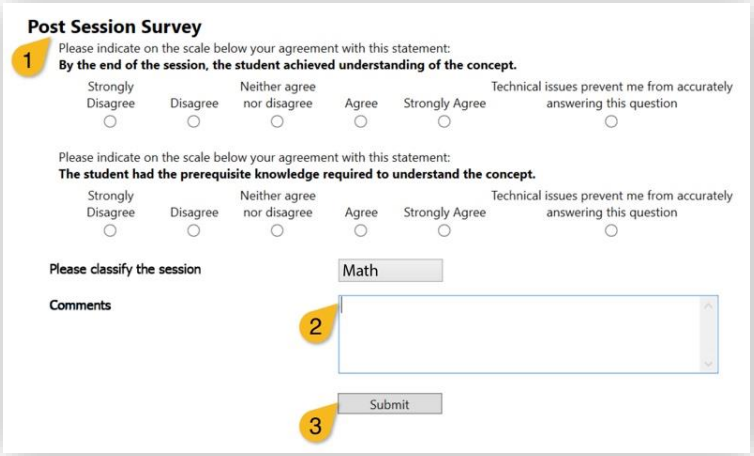 Tutor.com screenshot of post session survey
