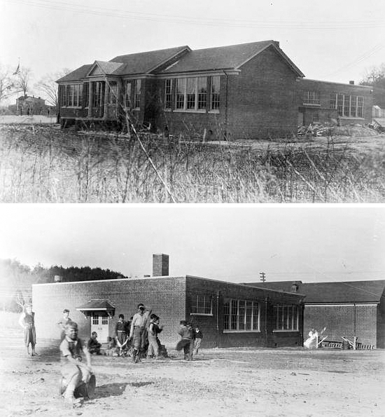 Two black and white photographs of Lorton Elementary School that were taken in 1935. Both pictures show that construction of the building was largely complete, but some work was still taking place because construction debris is visible, and the school grounds are un-graded. In one picture a group of boys is playing outside the rear of the building.