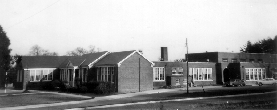 Black and white photograph of the front exterior of Lorton Elementary School.