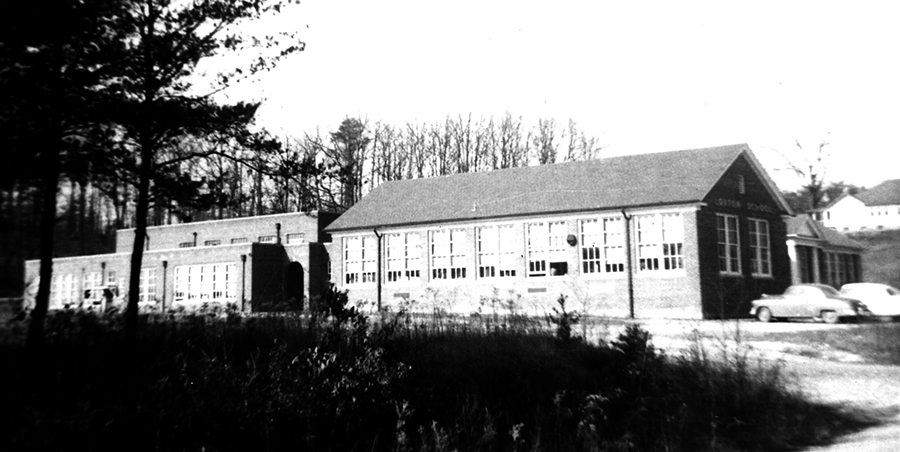 Black and white photograph of the front exterior of Lorton Elementary School.