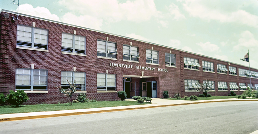 Color photograph of the main entrance of Lewinsville Elementary School. The picture was taken around 1982 or 1983.