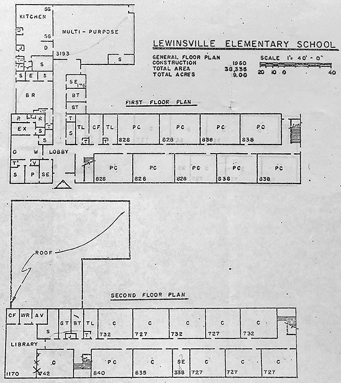 Photograph of a diagram showing the layout of the first and second floors of Lewinsville Elementary School.