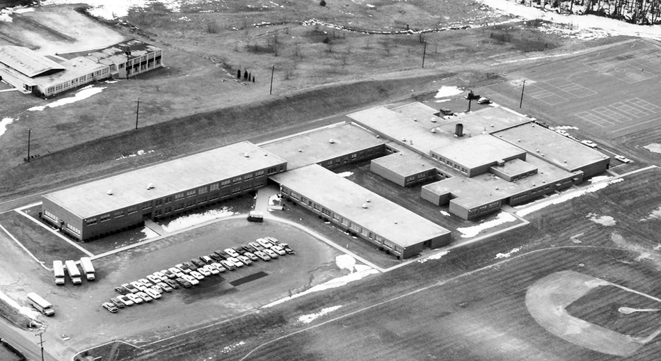 Black and white aerial photograph of Longfellow Intermediate School.