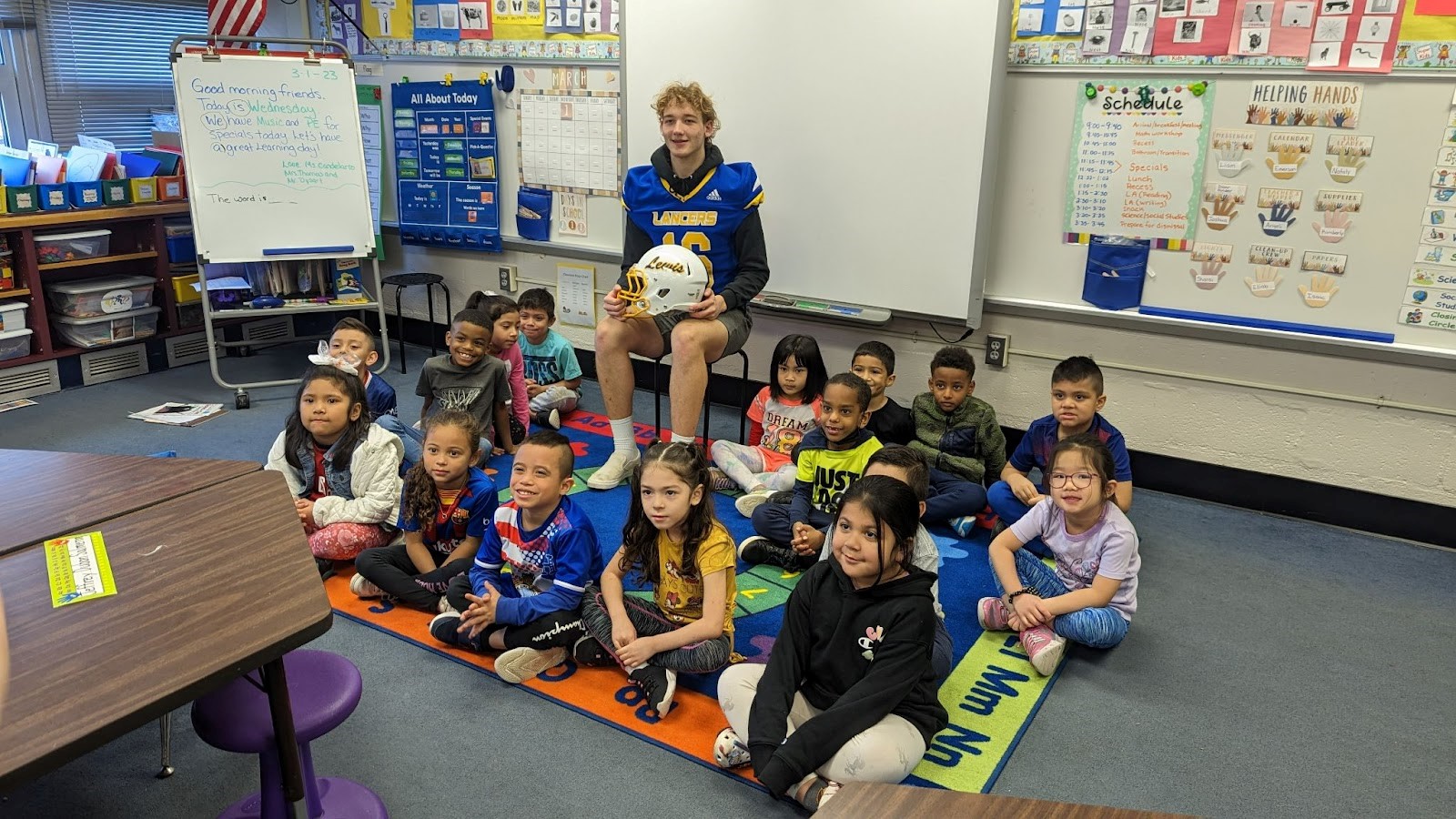 Tabatha Candelario’s classroom. As part of Read Across America, Lewis High School football players visited Crestwood and Forestdale elementary schools. 