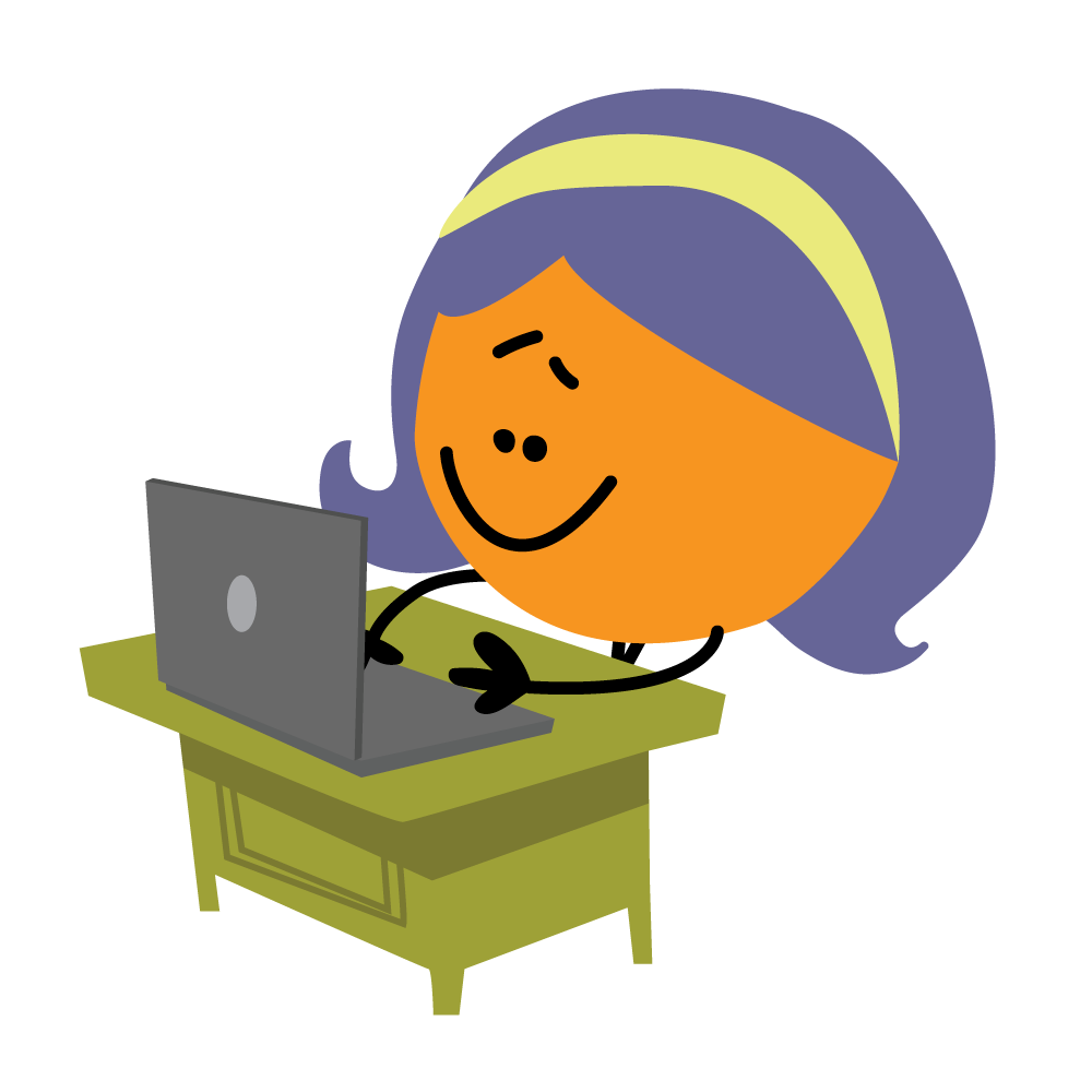 Female cartoon working on a laptop at a desk