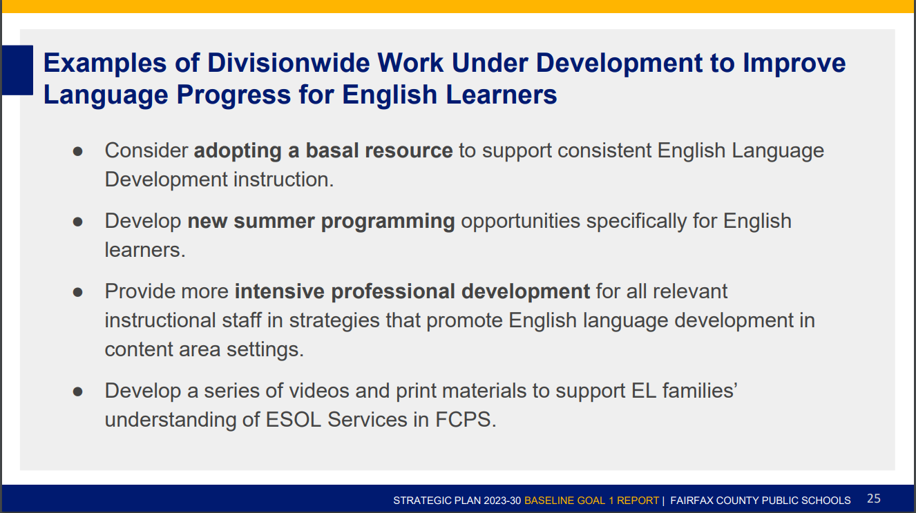 Slide outlining FCPS' divisionwide work in improving language process for English Learners
