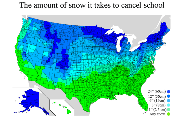 Map showing how much snow is needed to cancel school across the U.S.