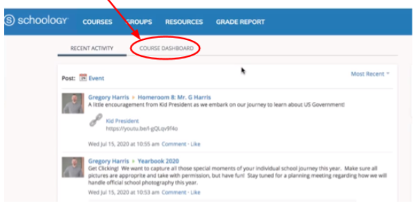 screenshot of the student's dashboard in schoology