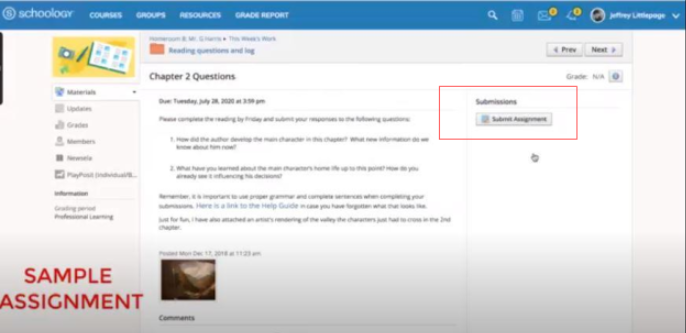 screenshot of the assignment with the submit button from Schoology