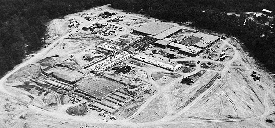Aerial photograph of Thomas Jefferson High School during construction.