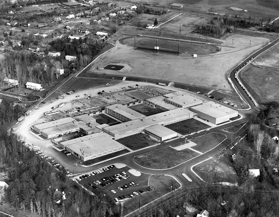 Black and white aerial photograph of Thomas Jefferson High School.