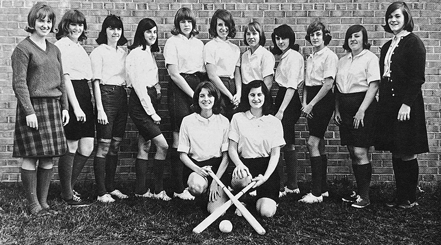 A yearbook photograph of the varsity softball team.