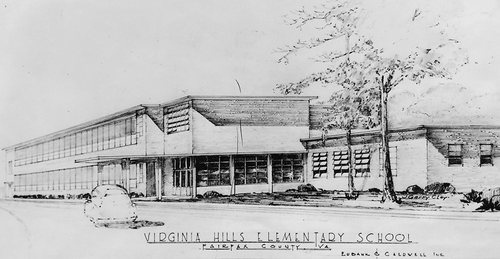 Black and white photograph of the architect’s rendering for Virginia Hills Elementary School.